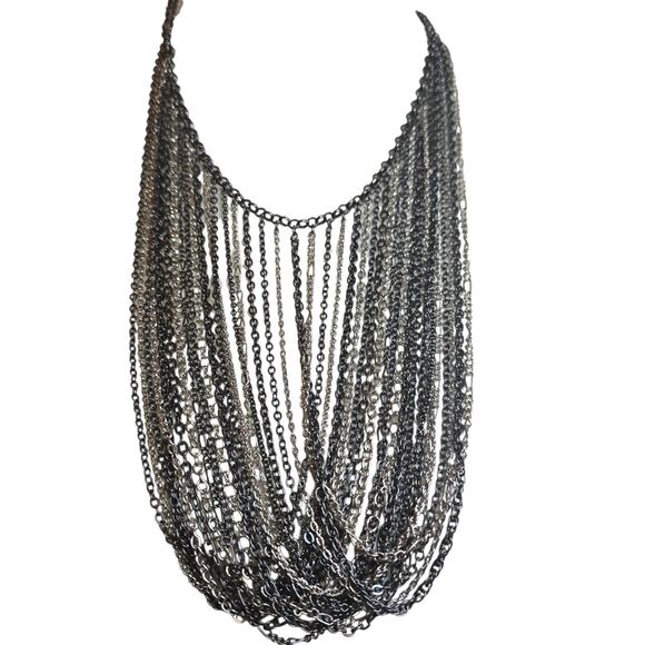 Chico's Statement Necklace Multi Strand Chain Bib Mixed Metal Silver Gunmetal - Picture 4 of 11
